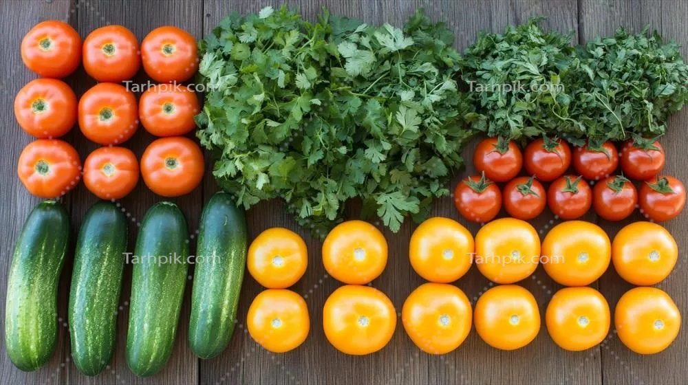 مجموعهای از سبزیجات متنوع چیده شده در ردیف بر روی یک میز چوبی