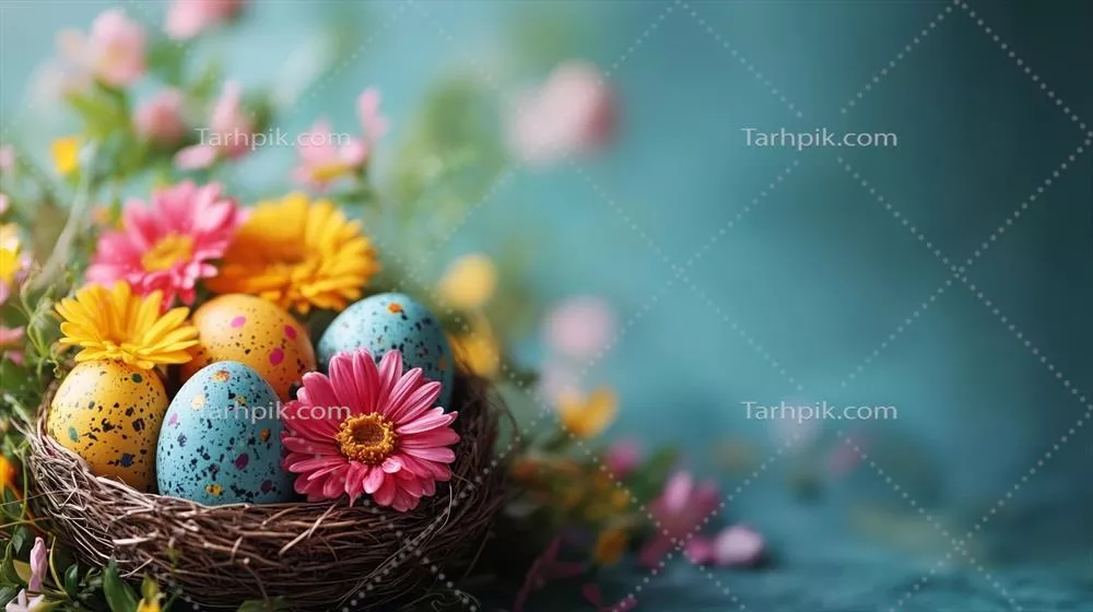 تخم‌مرغ‌های رنگارنگ عید پاک در لانه‌ای احاطه شده با گل‌های بهاری زنده و درخشان