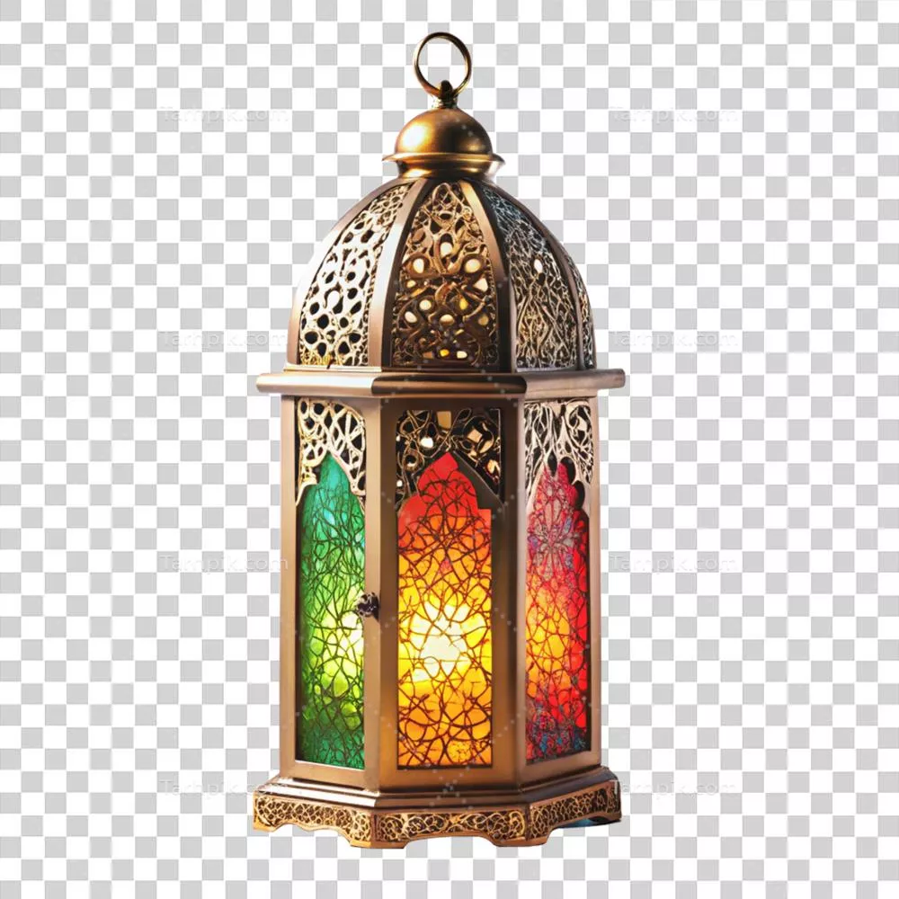 فانوس زیبا و رنگارنگ رمضان بر روی پسزمینه شفاف و بینقص