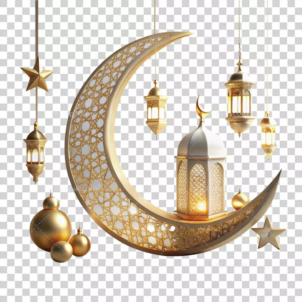 صحنه جشن رمضان با هلال ماه بر روی پس زمینه شفاف