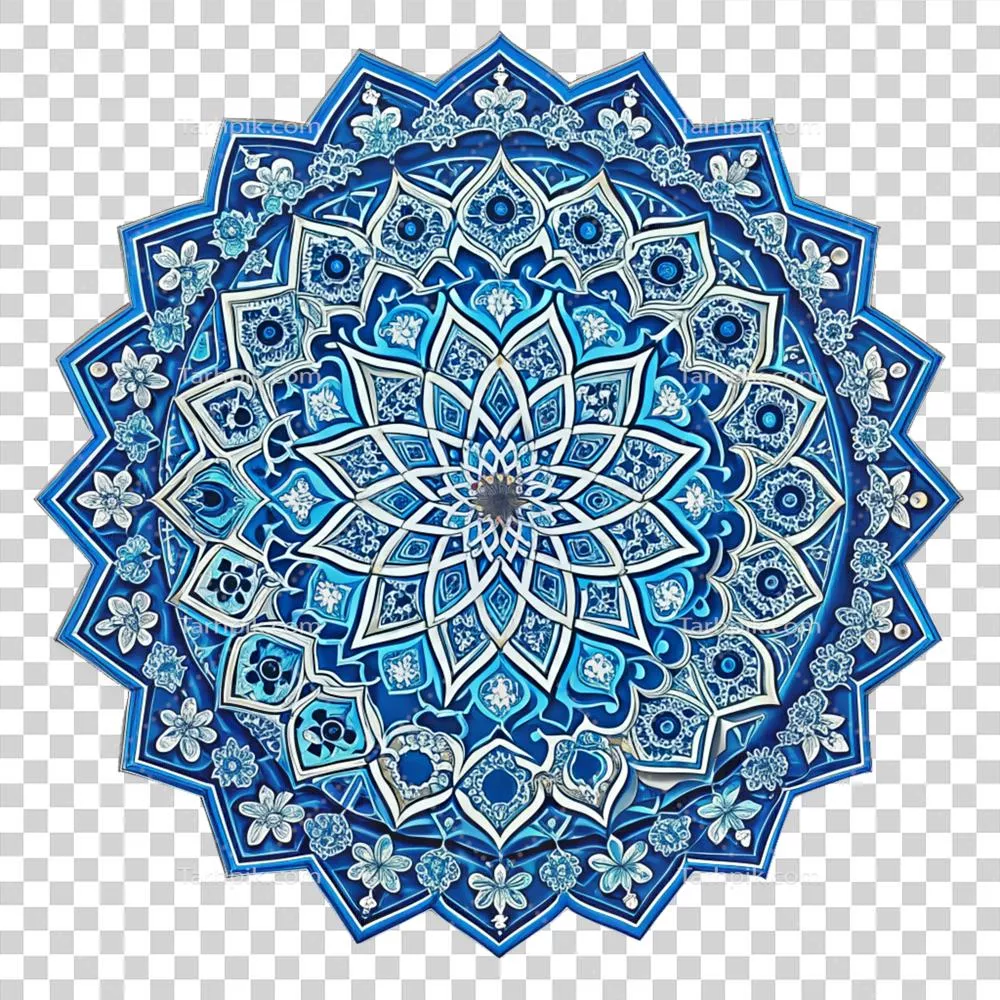 طراحی مدالای اسلامی آبی با الگوهای زینتی بر روی پسزمینه شفاف
