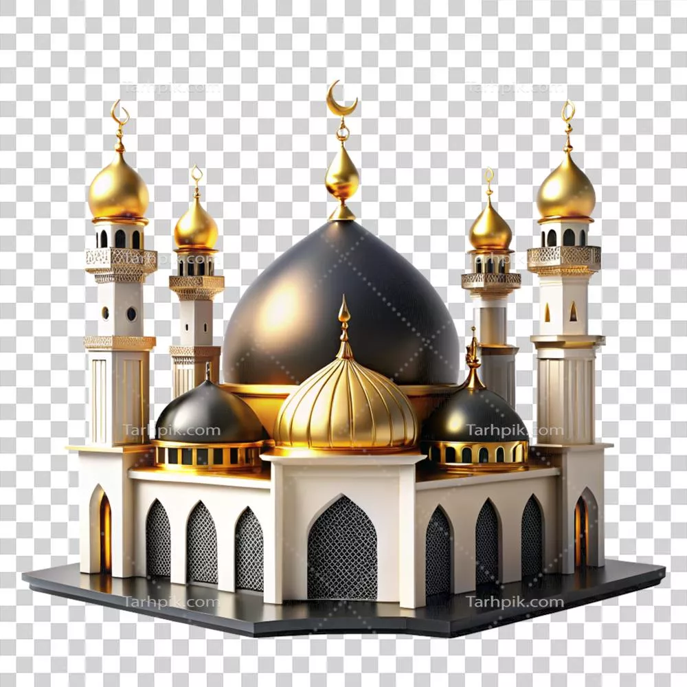 مسجد زیبا و سه بعدی طلایی و مشکی در ماه رمضان بر روی پس زمینه شفاف