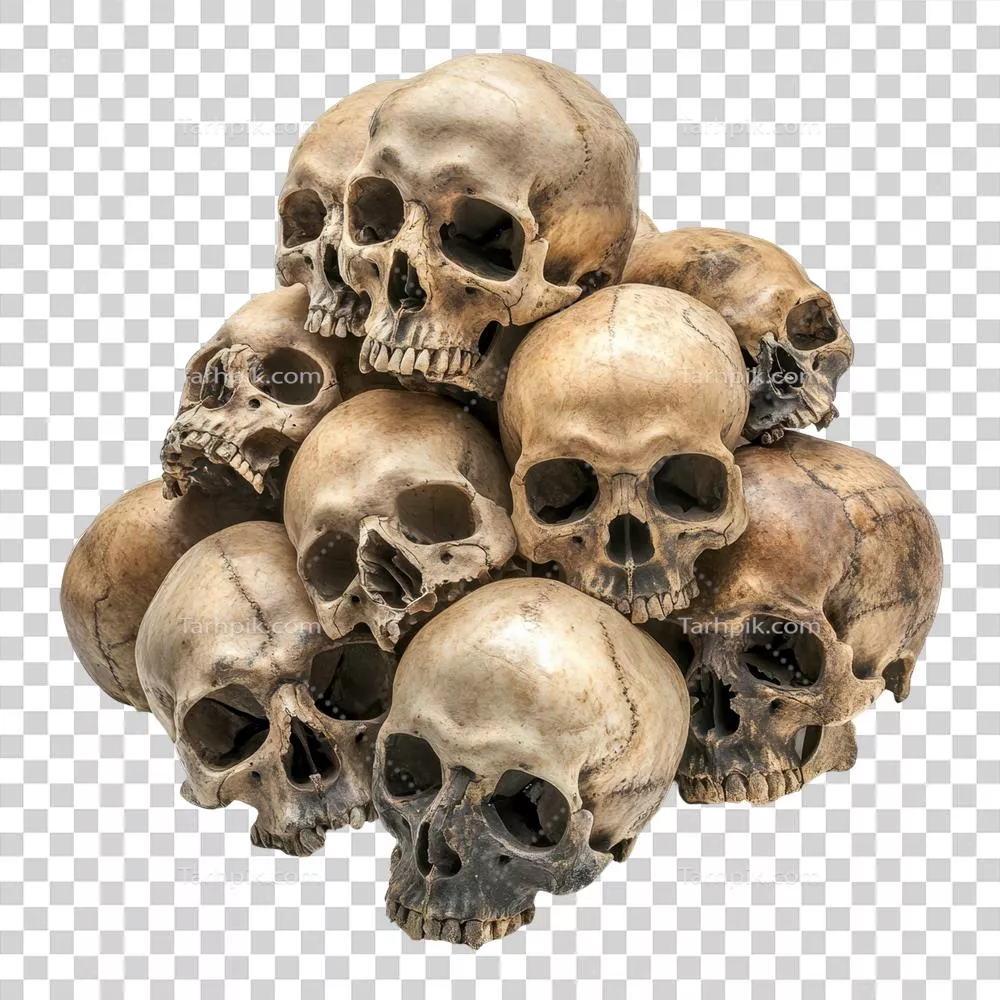 تپهای از جمجمههای انسانی در برابر پسزمینه شفاف برای اهداف آموزشی و هنری