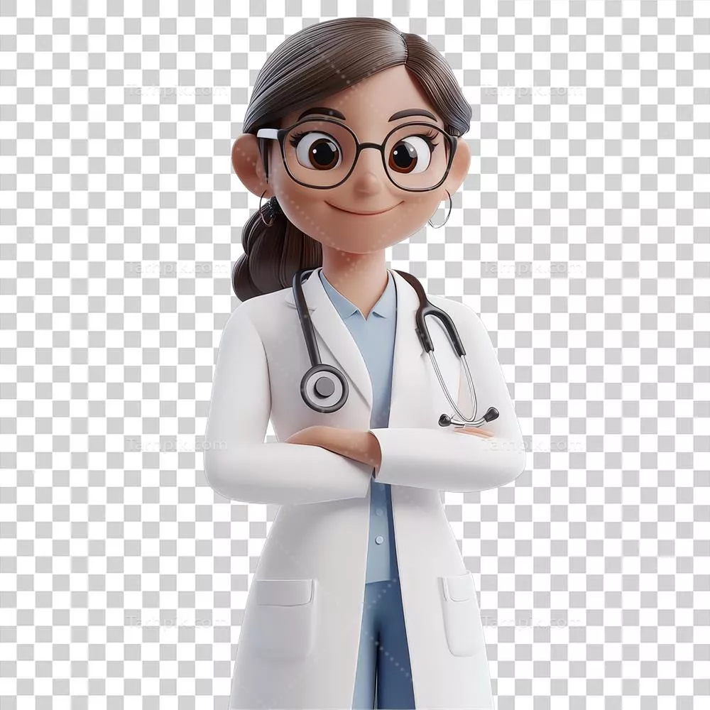 پزشک زن با اعتماد به نفس و دستان قفل شده در برابر پس زمینه شفاف