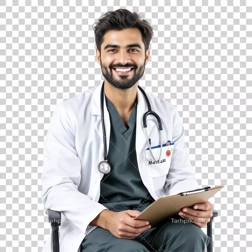 پزشک مرد نشسته بر روی صندلی با یک کلیپ‌برد در دست