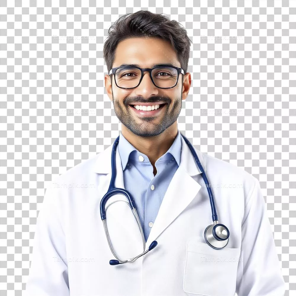 تصویر یک پزشک مرد با روپوش سفید و عینک در حال ارائه خدمات پزشکی