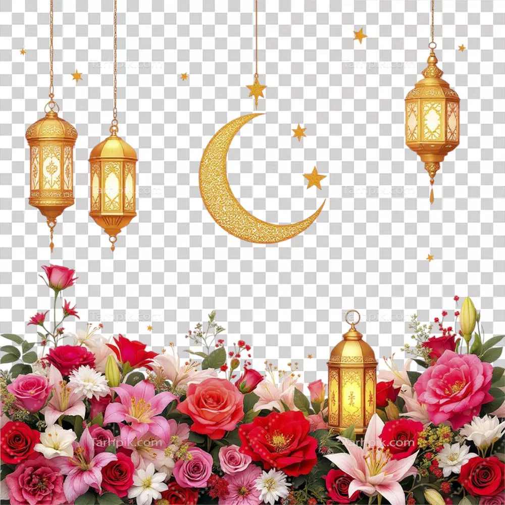شمایل زیبای گلها و فانوسهای رمضان بر پسزمینهٔ مشکی