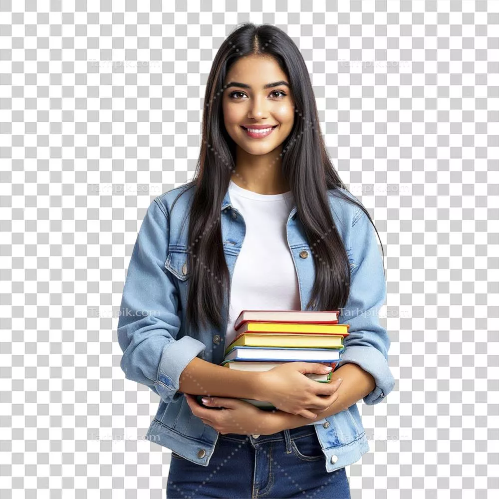 زنی جوان با کتابهایی در دست و لبخندی روی صورتش