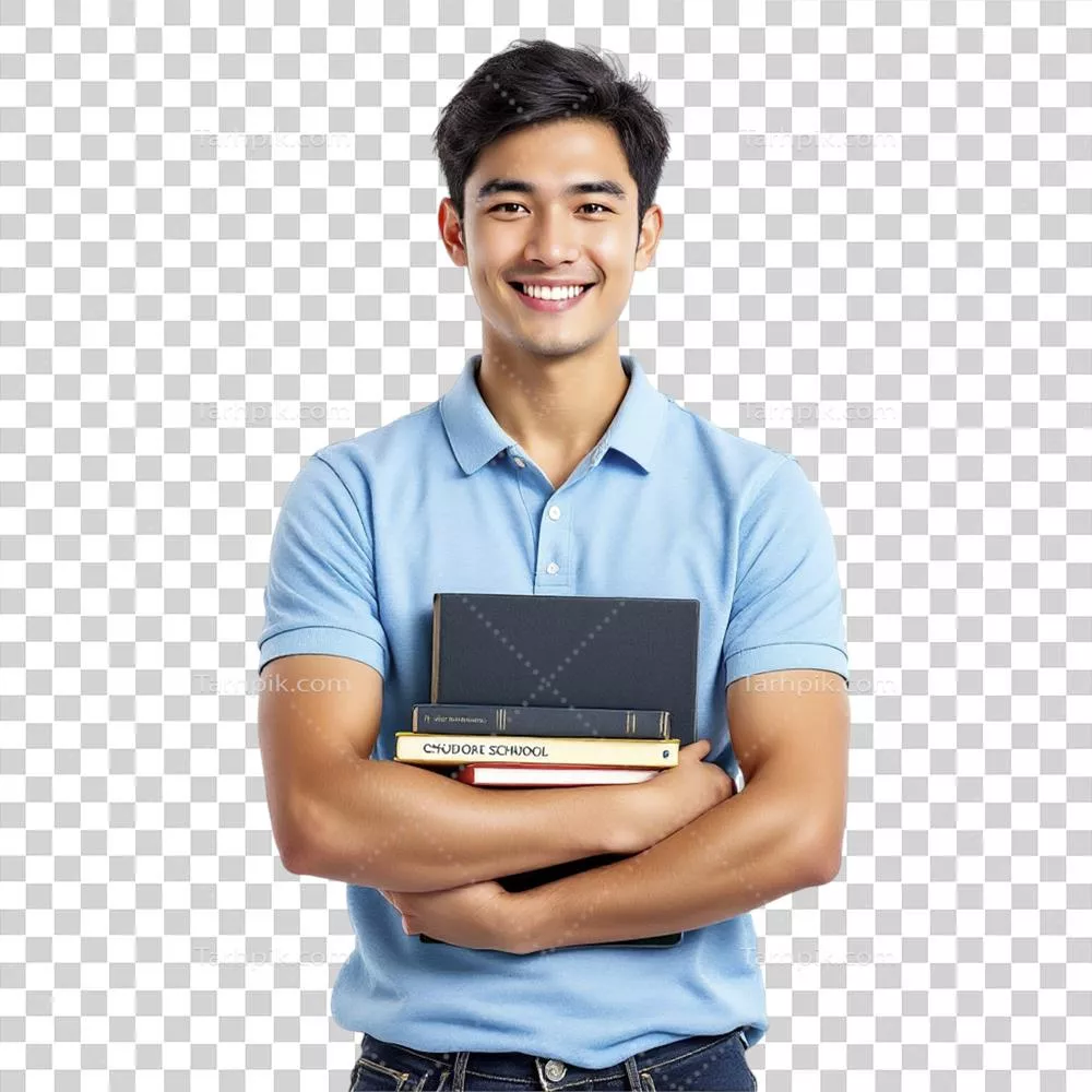 یک جوان با خوشحالی کتاب‌هایی در دست دارد و لبخند می‌زند