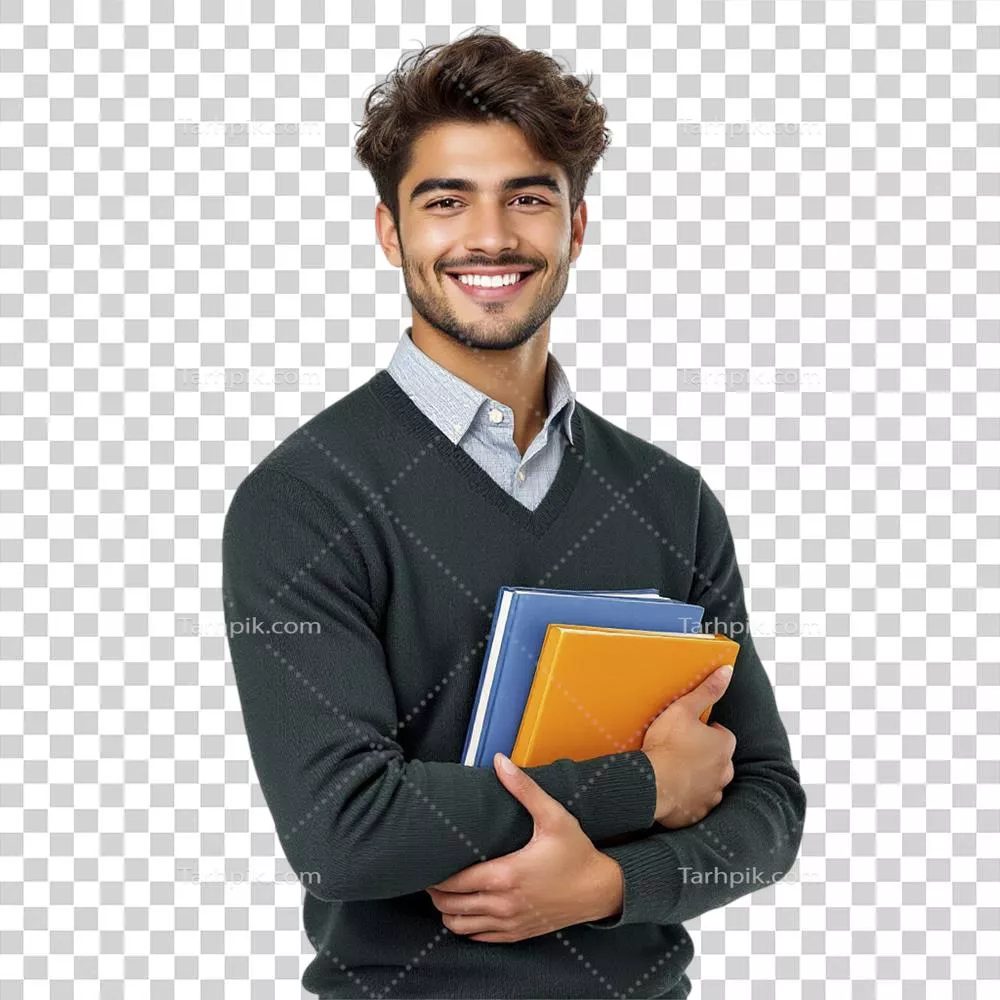 مرد جوانی خندان که تعدادی کتاب در دست دارد