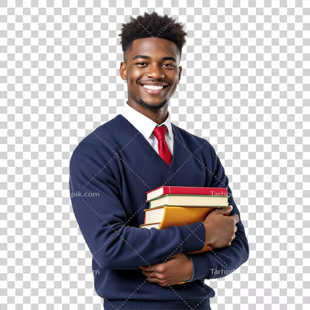 یک جوان در حالتی خوشحال با یک ژاکت و کتاب در دست