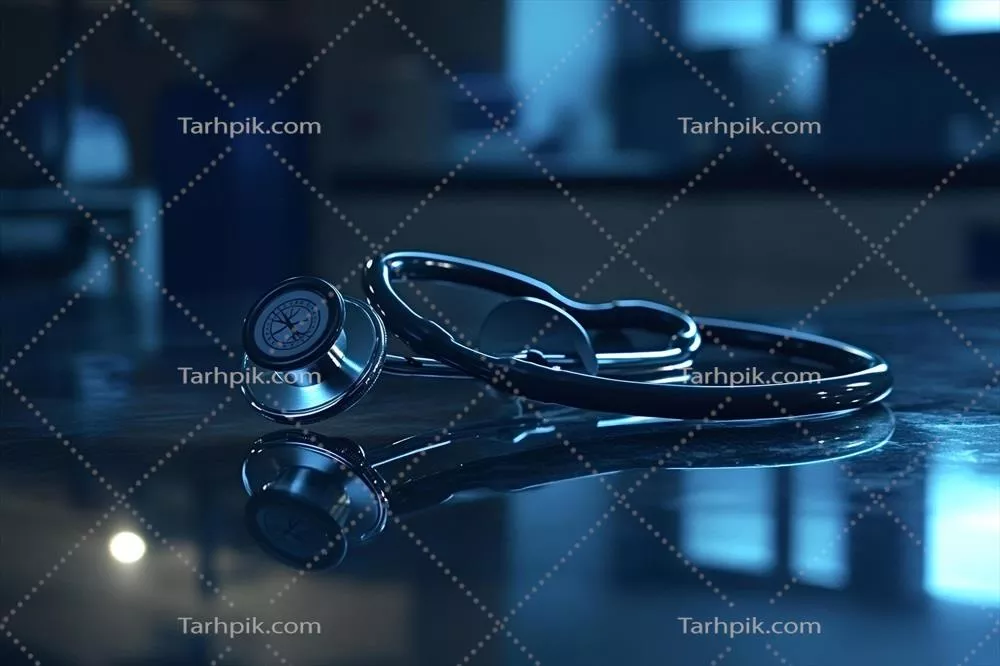 گوشی‌ پزشکی روی میز در یک مرکز درمانی با بازتاب در سطح