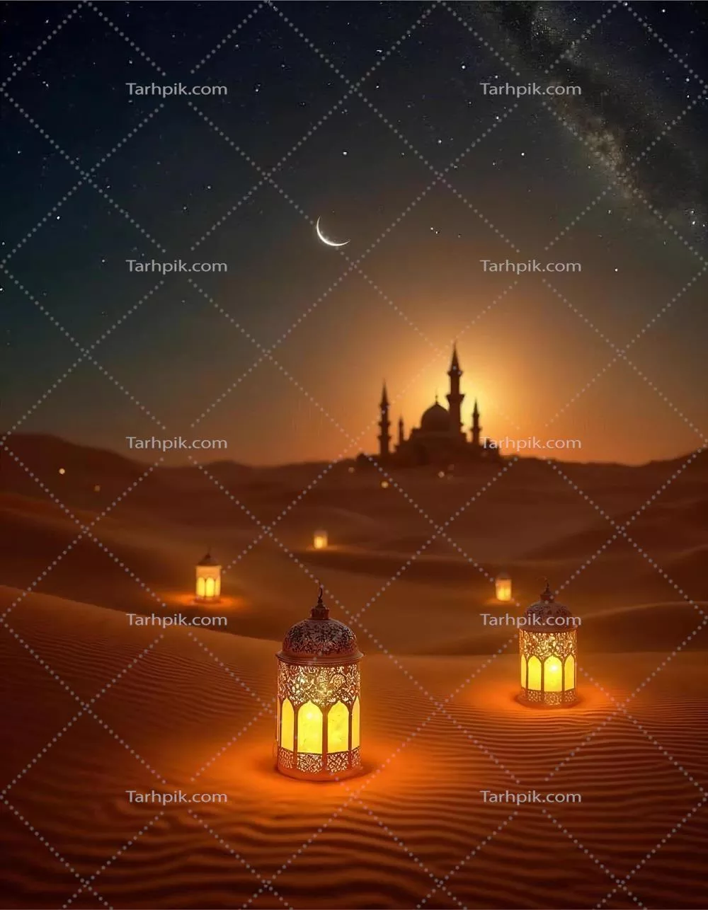 غروب آرام ماه رمضان با هلال و ستارهها بر فراز سیلوئت مسجد و فانوسهای درخشان