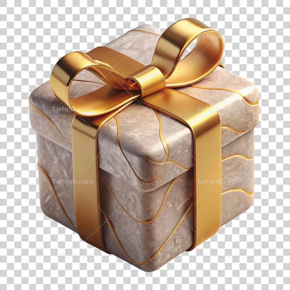 جعبه هدیه لوکس و مدرن با رنگ طلایی و پس زمینه شفاف با کیفیت بالا