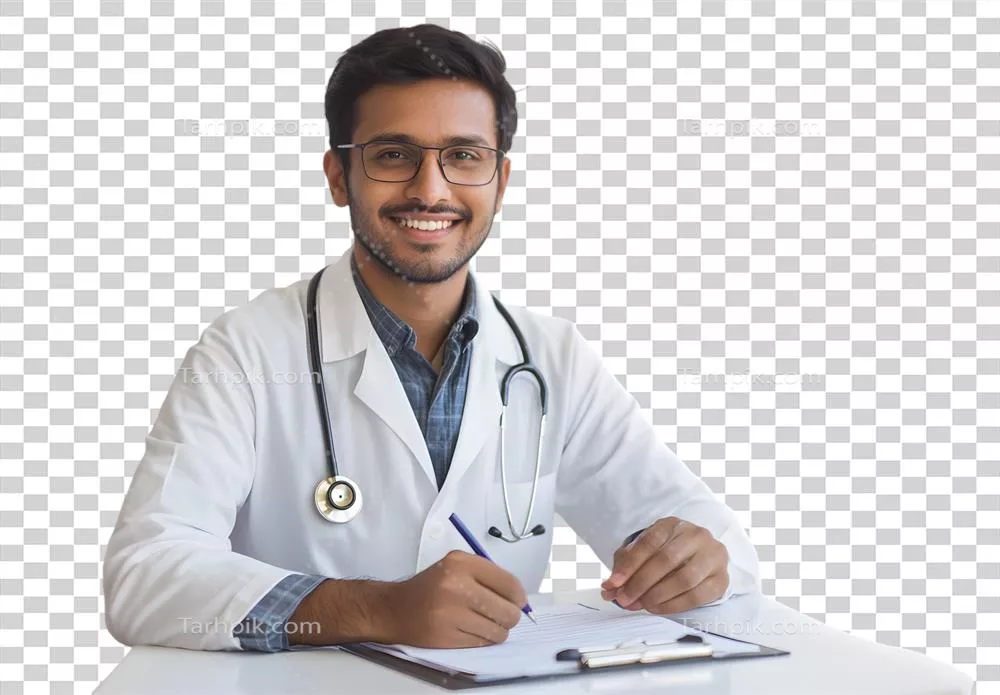 دکتر خوشحال در حال نوشتن بر روی پس زمینه شفاف و روشن