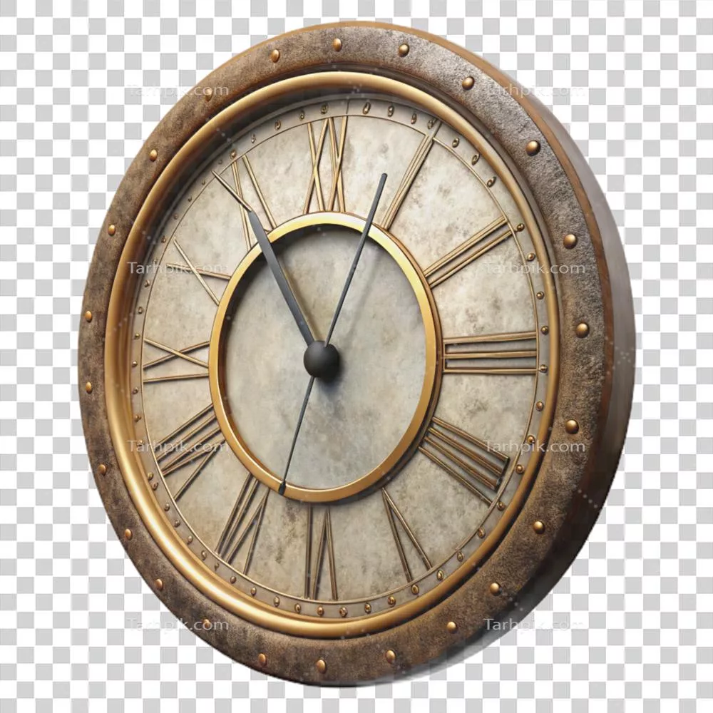 ساعت دیواری هنری و قدیمی با طراحی رومی و زمینه شفاف و جزئیات دقیق