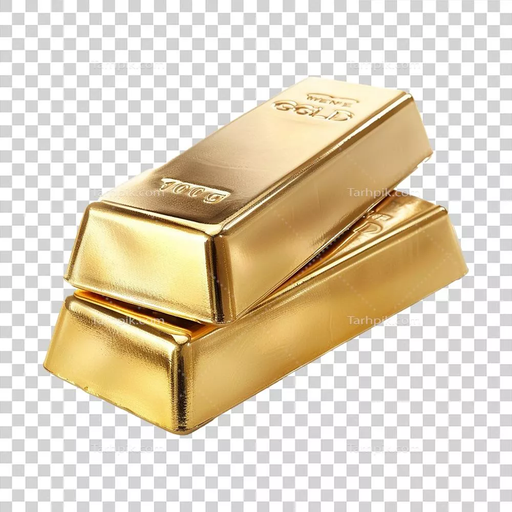 دو میله طلای درخشان انباشته بر روی یکدیگر با نمایش وزن و خلوص