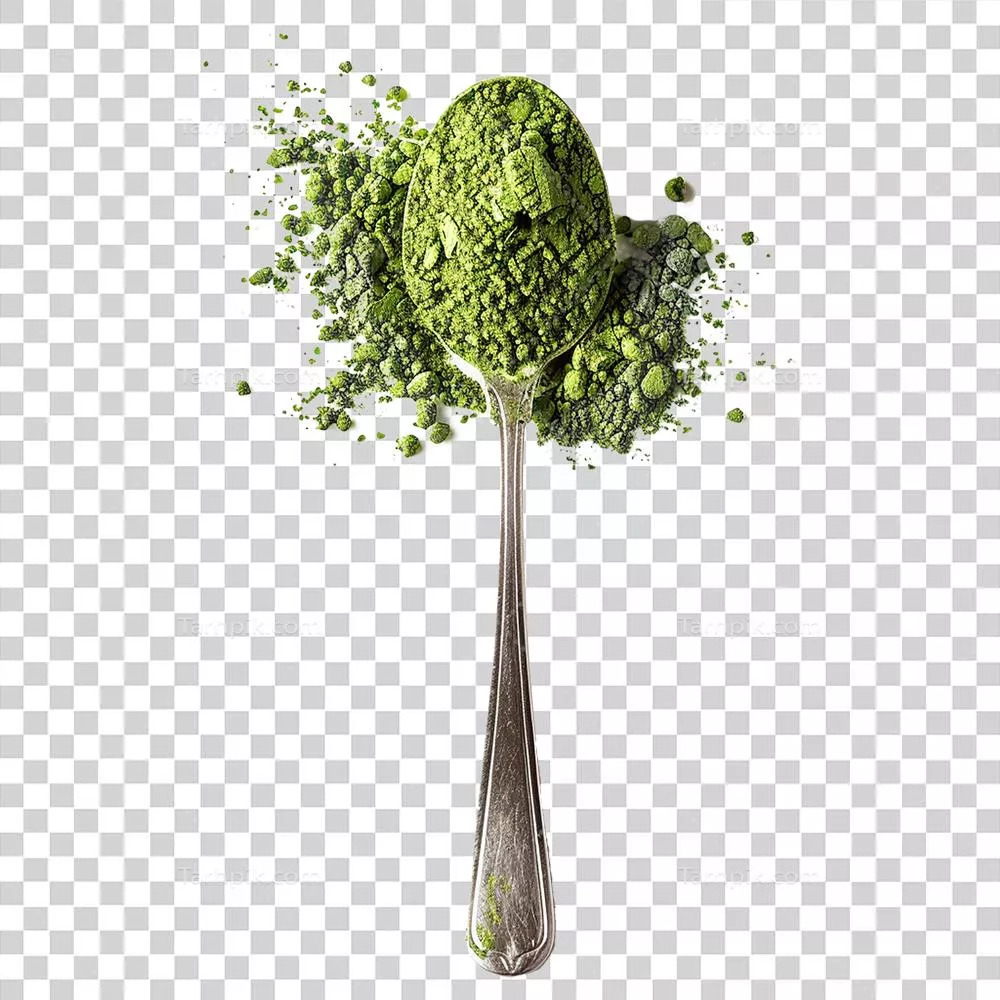 یک قاشق چای خوری پودر چای سبز ماچا با کیفیت عالی بر روی پس زمینه سفید