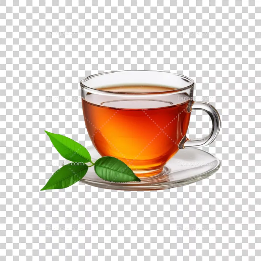 فنجان شفاف چای با برگ چای در زمینه شفاف و زیبا