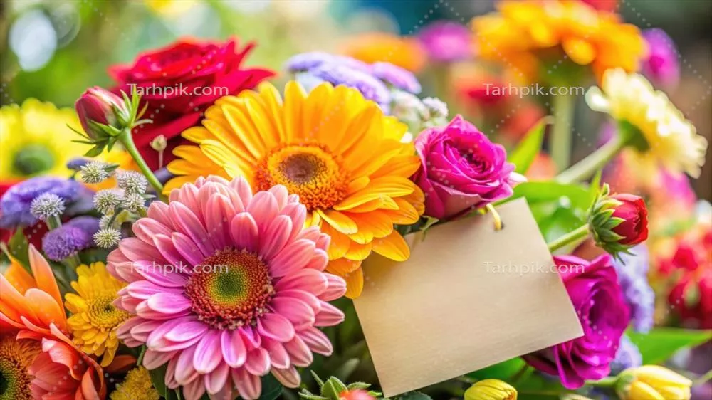 گلدان رنگارنگ گل با کارت خالی برای نوشتن پیام