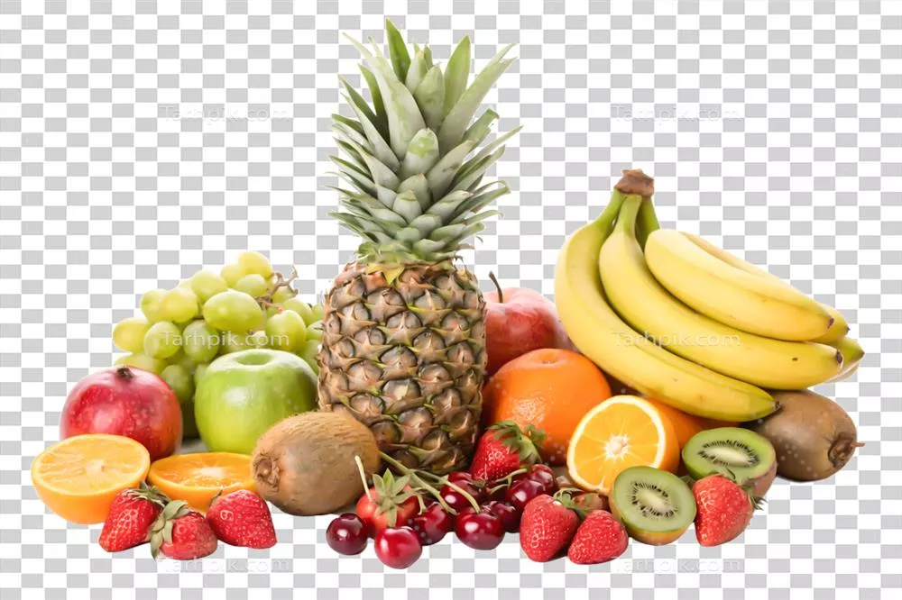 مجموعهای خوشمزه و تازه از میوهها شامل آناناس، موز، توتفرنگی، کیوی، پرتقال و دیگر میوهها