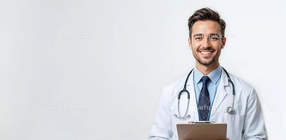 پرتره پزشک مرد خوشحال با گوشی پزشکی و برگه روی پسزمینه سفید برای تبلیغات خدمات بهداشتی