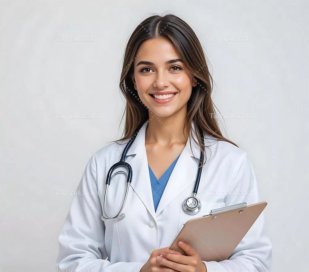 پرتره یک زن پزشک خوشحال با گوشی پزشکی و کلاپ بورد در پسزمینه سفید