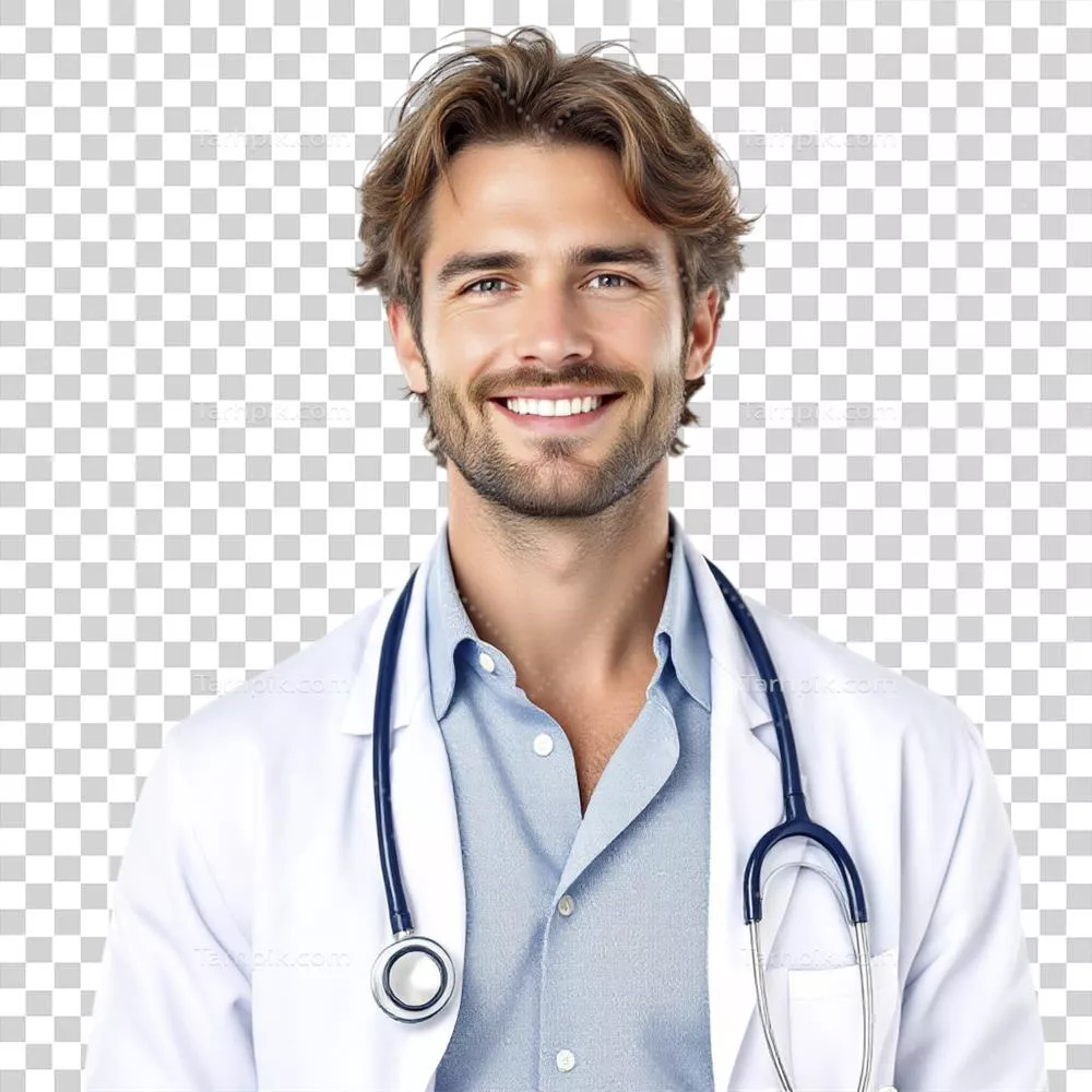 پزشک مردی با لبخند و در دست داشتن گوشی پزشکی