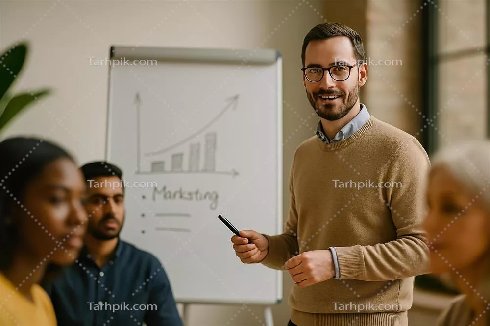 کارشناس بازاریابی مطمئن که استراتژی رشد را در دفتری مدرن و با رنگ های گرم ارائه می دهد