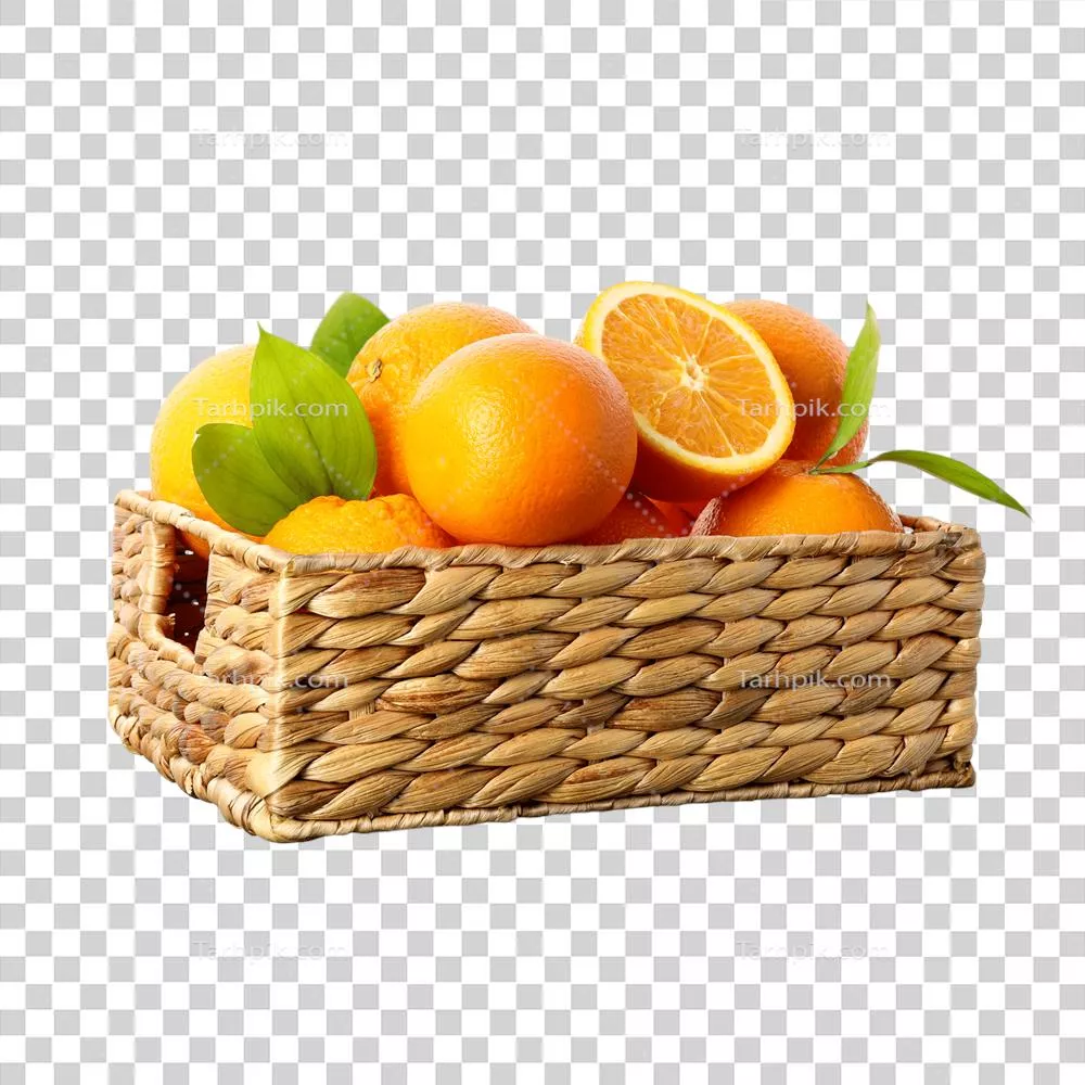 سبد پر از نارنجی با برگها و بامبو در طراحی جذاب و طبیعی