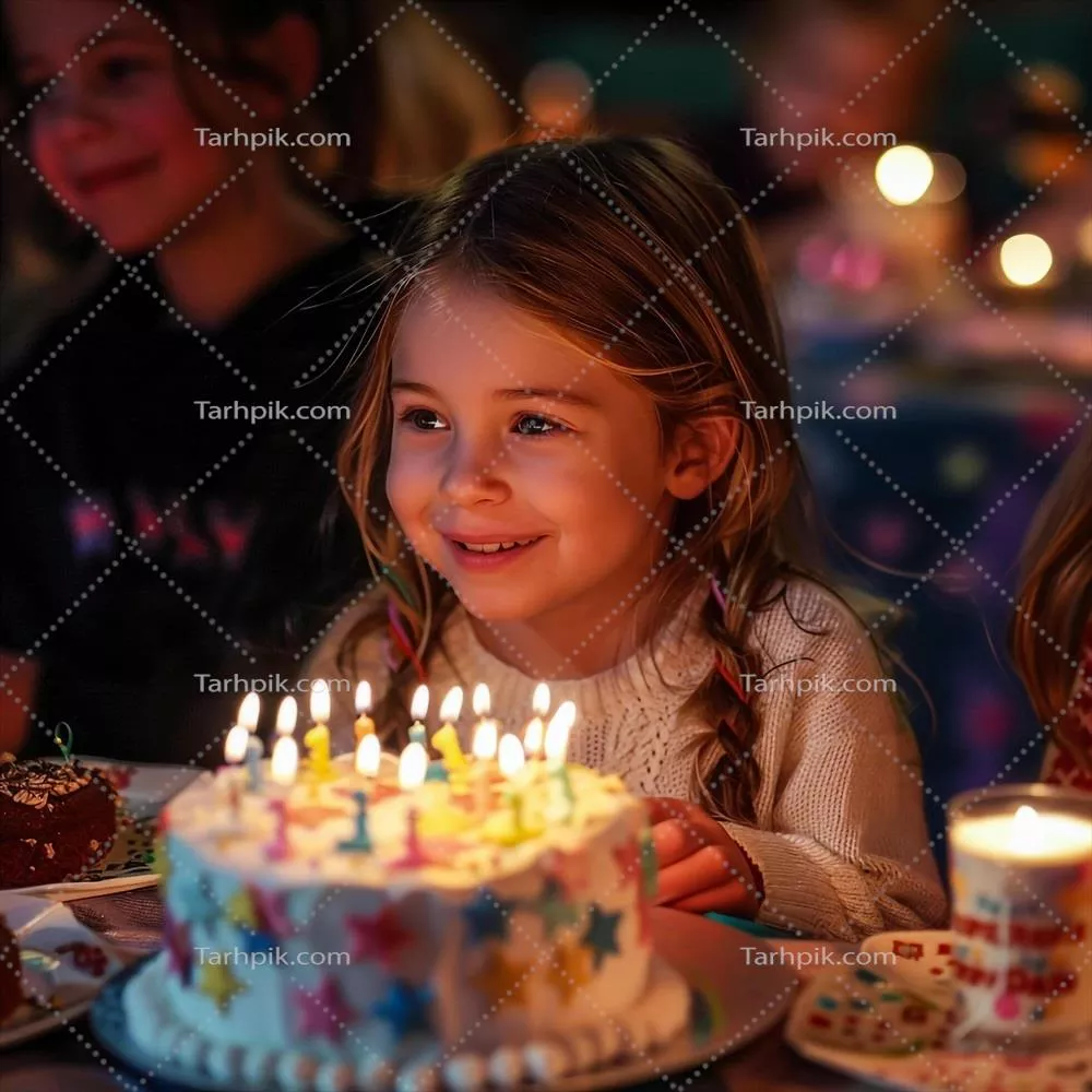 دختربچهای که در کنار کیک تولد نشسته است و لذت میبرد