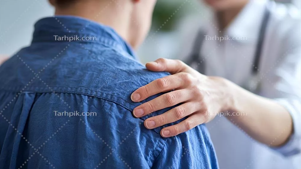 دست comforting پزشک روی شانه بیمار، نماد همدلی و مراقبت در هنگام درمان پزشکی