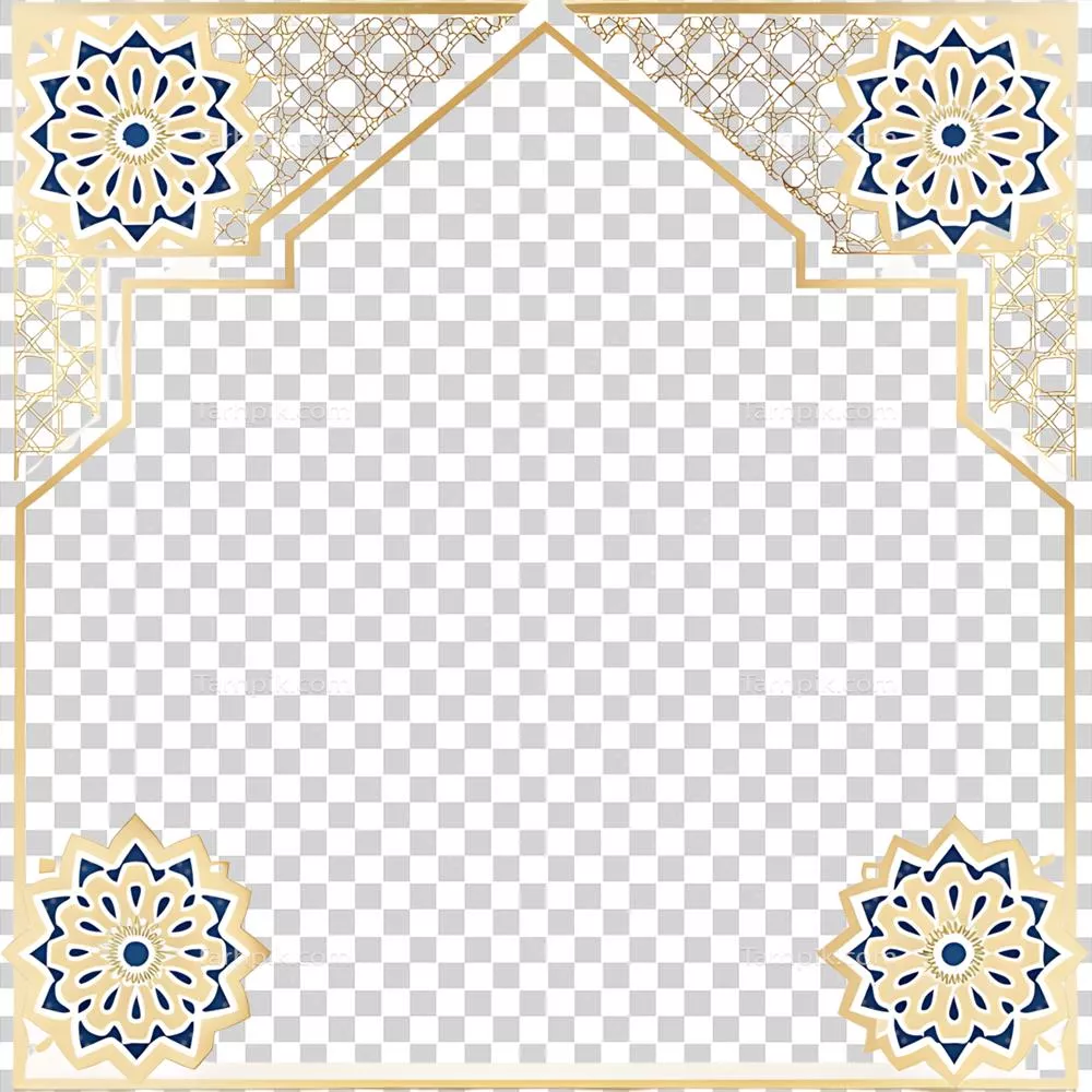 طراحی فریم هندسی اسلامی با الگوهای گلدار، طلایی و آبی برای کارت دعوت و تزئینات