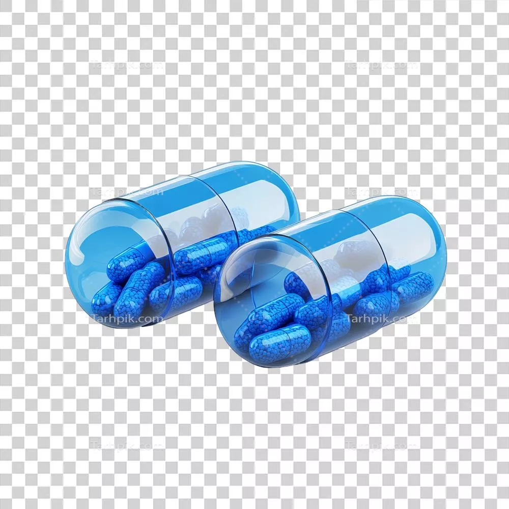 کپسول های شفاف آبی پر از دارو بر روی سطح رنگ شنی و محتویات آنها