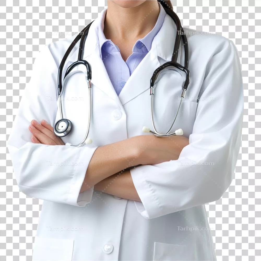 پزشک آنلاین حرفه‌ای با روپوش شفاف و گوشی پزشکی آماده خدمت به بیماران از راه دور