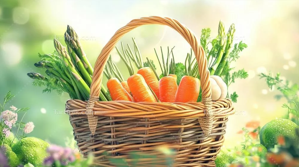 سبد رنگارنگ پر از سبزیجات تازه در بهار با طراوت و زندگی