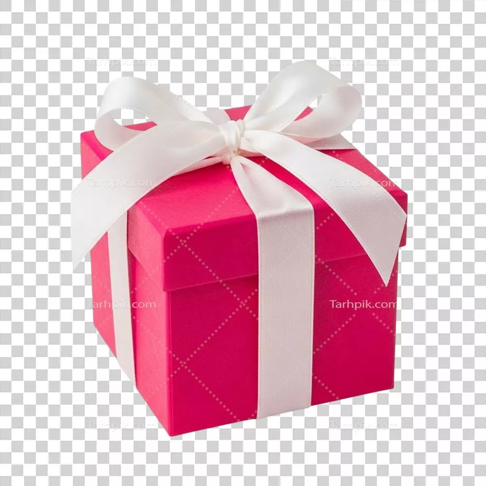 یک جعبه هدیه صورتی پررنگ تزئین شده با یک قوس و روبان ساتن سفید و کلاسیک