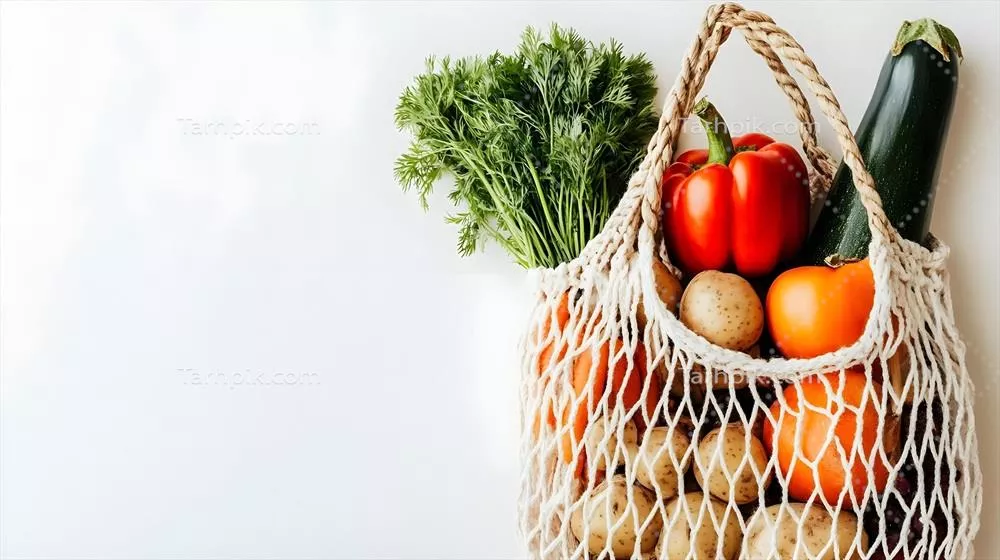 سبزیجات رنگارنگ در کیسه مشبک قابل استفاده مجدد برای ترویج پایداری و تغذیه سالم با محصولات تازه