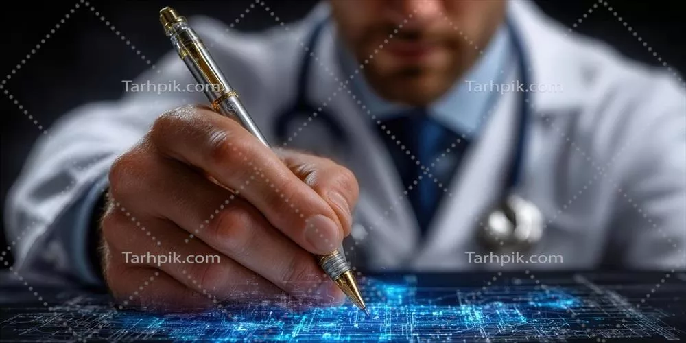 پزشک با دقت بر روی سطح درخشان و پیشرفته تکنولوژی، نماد پیشرفتها و تحقیقات پزشکی مینویسد