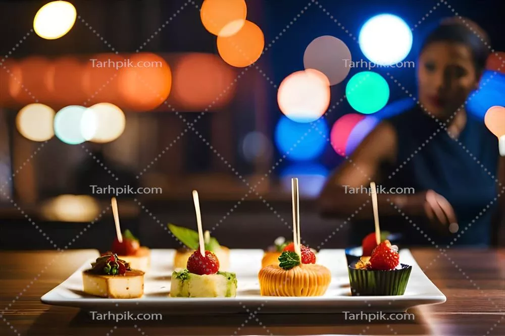 زن‌‎ی در مقابل میزی ایستاده است که پر از خوراکی‌های پذیرایی است