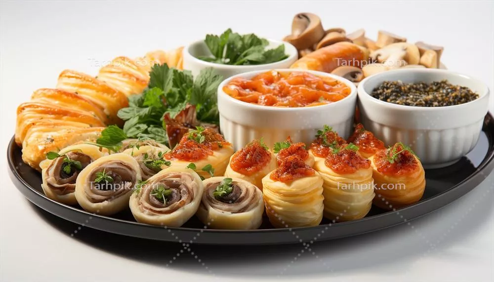 پیش غذای گورمه تولید شده توسط هوش مصنوعی با گوشت و سبزیجات تازه و سس