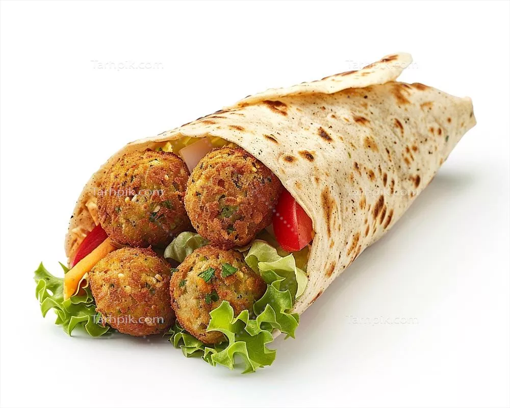 غلاف گوشت‌دار با کوفته‌ها و کاهو بر روی پس‌زمینه‌ی سفید
