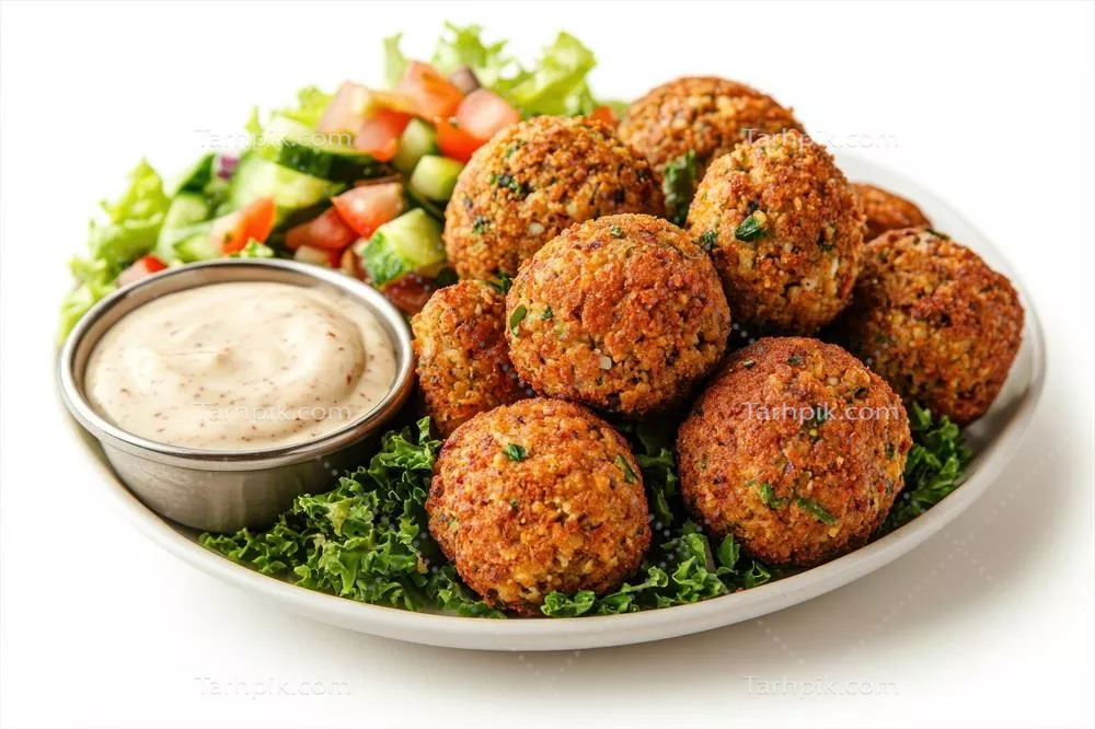 فلافل سرخ شده با سالاد و سس tahini خوشمزه و سالم