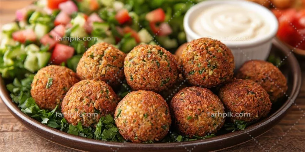 فلافل با سالاد جعفری، خیار، گوجهفرنگی و سس سفید