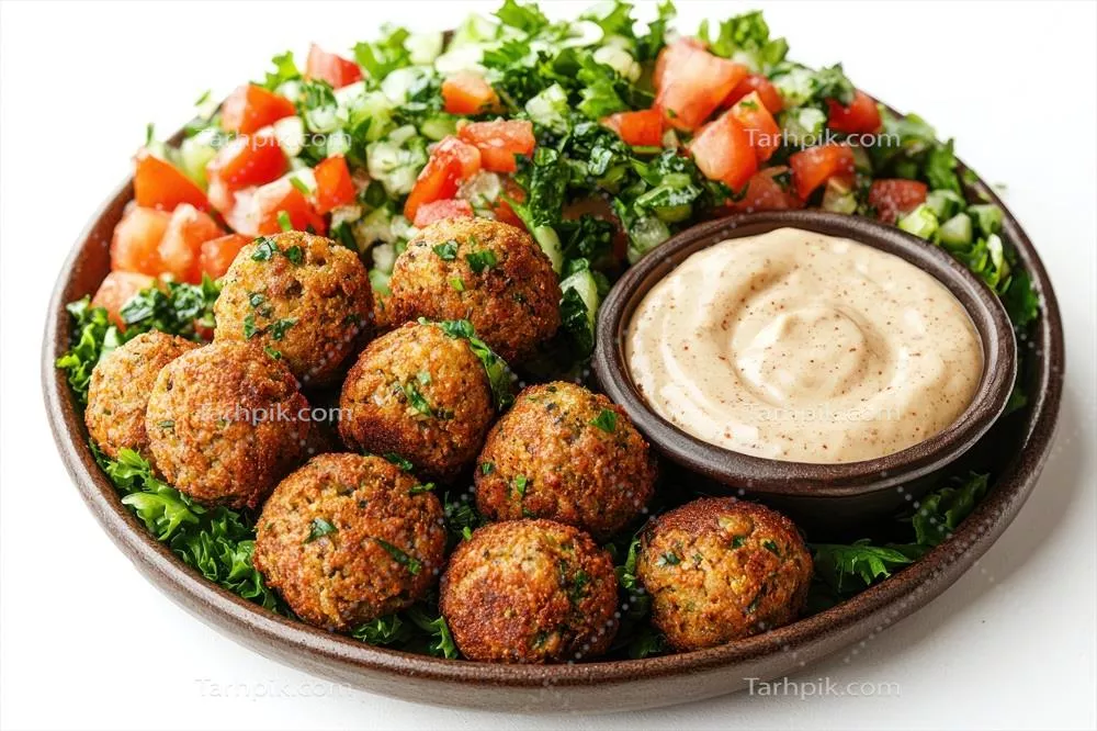 فلافل با سالاد و سس tahini در ظرف سفالی قهوه‌ای
