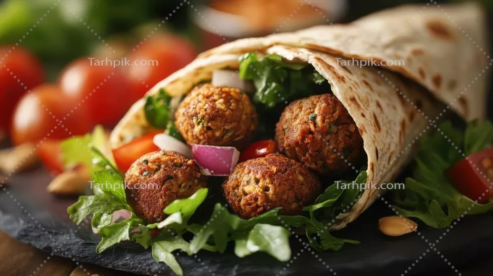 فلافل پیچیده شده با سالاد تازه و گوجه‌فرنگی‌های رسیده