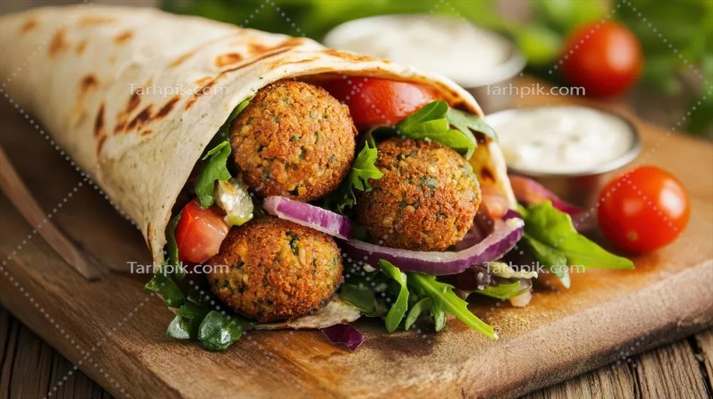 فلافل پیچیده شده با سالاد تازه و گوجه‌فرنگی رسیده و خوشمزه