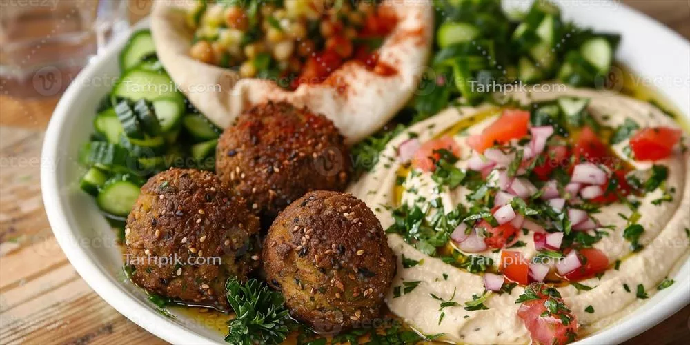 پلاته فلافل بدون گلوتن با حمص، سالاد خیار، نان پیتا بدون گلوتن و جعفری تازه