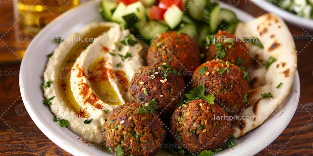 پلاتی متشکل از فلافل بدون گلوتن با حمص، سالاد خیار و نان پیتا تازه