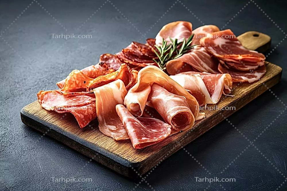 انواع سوسیس های خشک مانند پروشوتو و چوریزو بر روی تخته چوبی